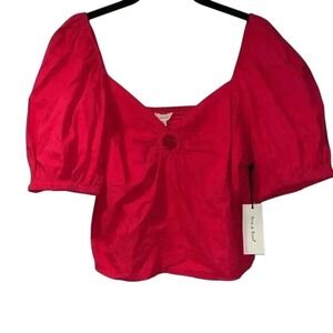 Romantic Puff Sleeve Crop Top with Sweetheart Neckline in‎ Pink Flame XL A30